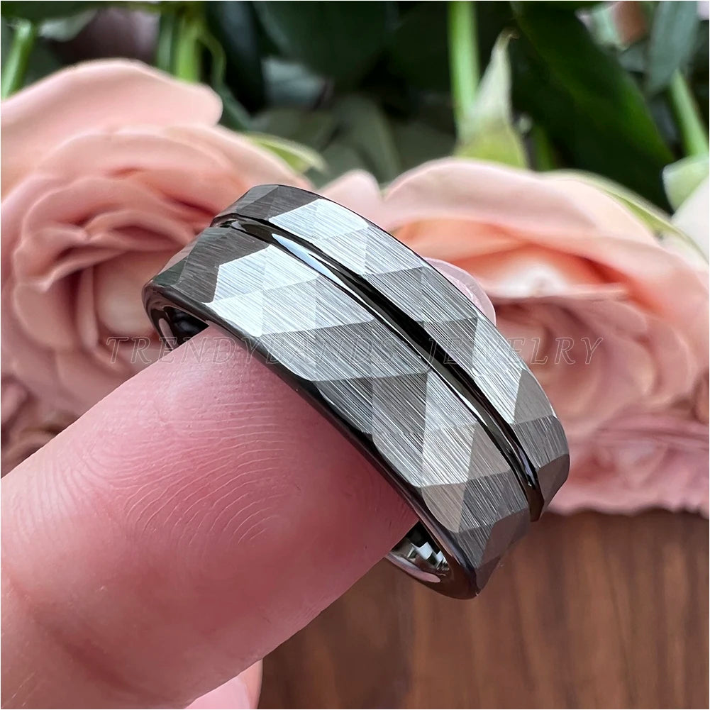 Ringe für Männer Frauen Hochzeit Band Schwarz Hartmetall Engagement Mode Schmuck Gehämmert Gebürstet Comfort Fit