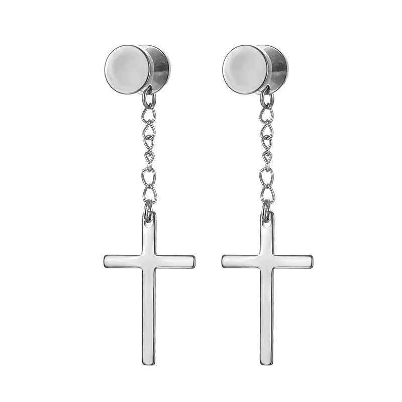 Neueste 1 Paar Edelstahl Kreuz Anhänger Baumeln Lange Quaste Unisex Creolen Männer/Frauen Punk Gothic Schmuck Beste Geschenke