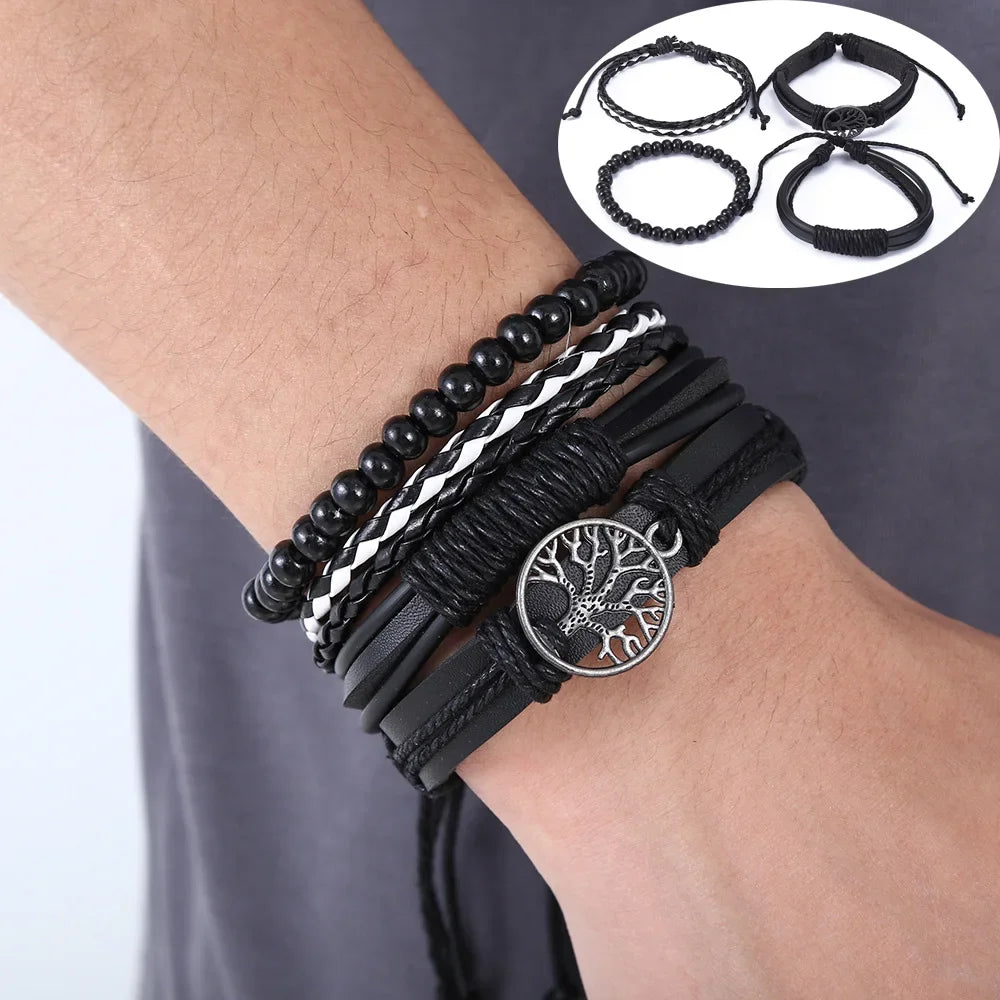3-4 Stück Vintage Leder Armband Set für Männer Baum des Lebens Charme schwarz gewebte Seil Perlen Kette Wrap Armreif Frauen handgemachten Schmuck