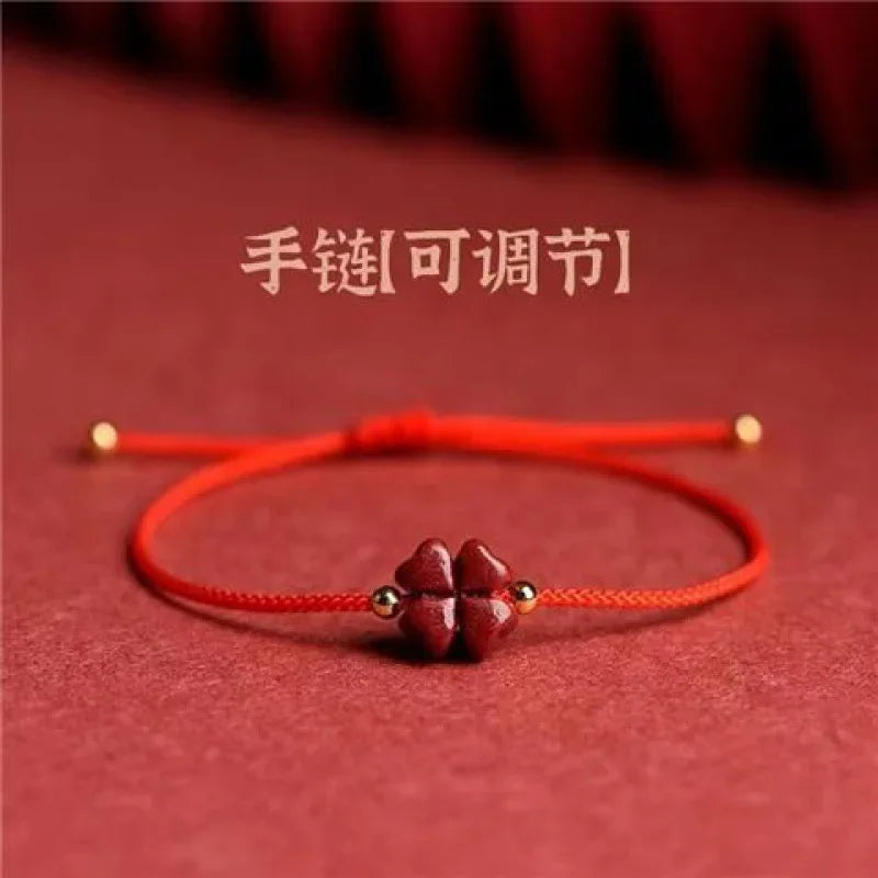 Natürlicher lila Zinnober-Glücksklee, handgefertigt, rotes Seil, Glücksarmreif, Damen- und Herren-Glücks-Fußkettchen, Armband, Größe verstellbar, • Mohamedпо