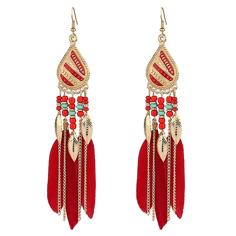 Bohemian Bunte Feder Quaste Ohrringe Für Frauen Ethnische Perlen Tropfen Aussage Hängende Ohrringe Mädchen Mode Schmuck Geschenk