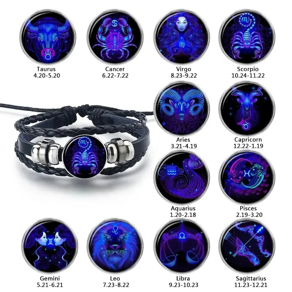 12-Sternbild-Sternzeichen, schwarzes geflochtenes Lederarmband, Krebs, Löwe, Jungfrau, Waage, gewebte Glaskuppel, Schmuck, Punk-Männerarmband
