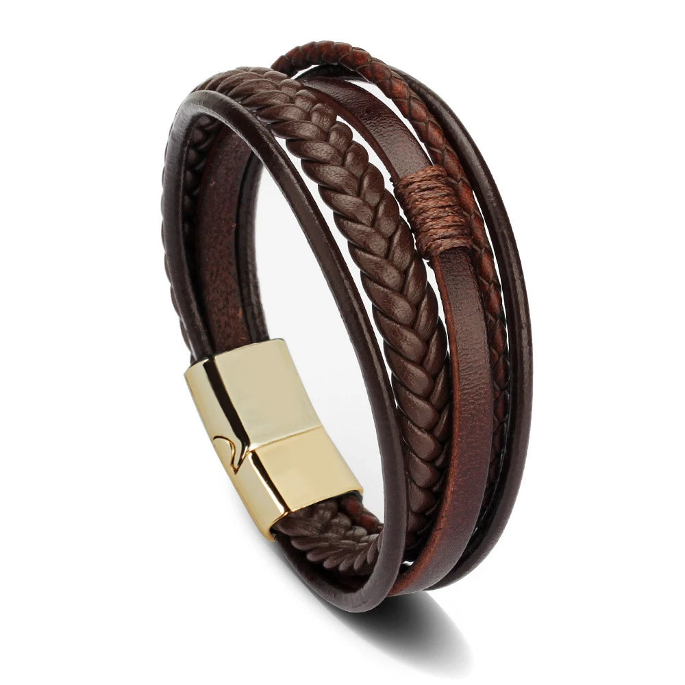 Trendige Lederarmbänder für Männer, Edelstahlarmband, 21 cm, mehrschichtige geflochtene Seilarmbänder für männliche Schmuckgeschenke