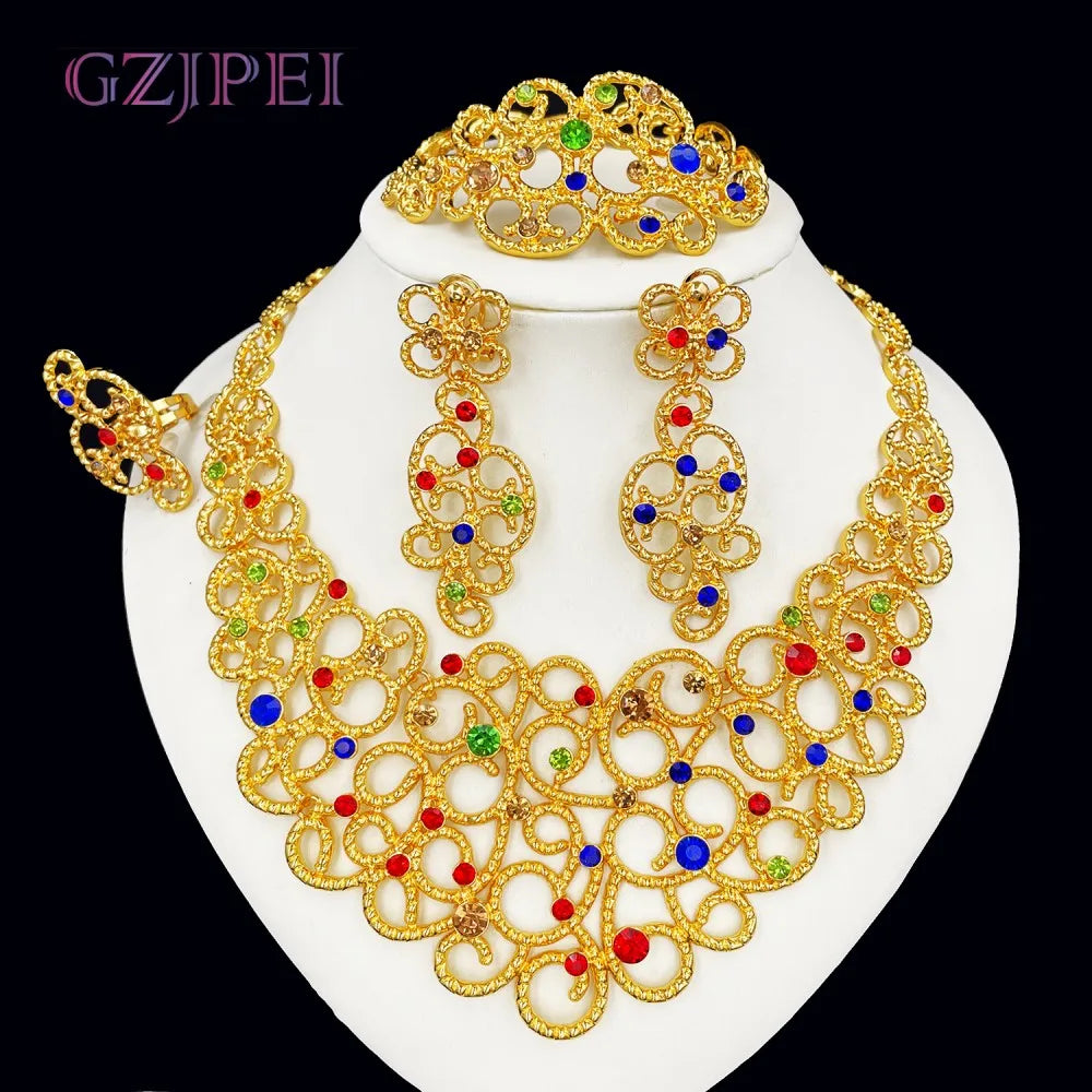 GZJPEI Luxuriöses großes Schmuckset, glänzender Zirkon, große Halskette, Armband, langer Ohrring, Ring für afrikanische Nigeria-Hochzeitsgeschenk, 2025, neu