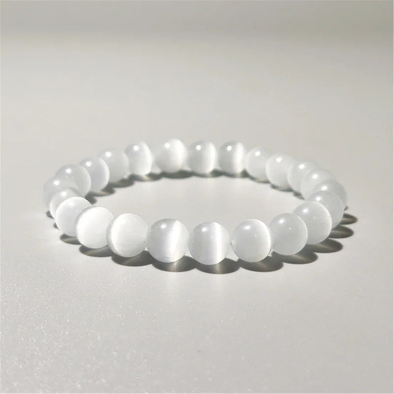 100 % natürliches weißes Katzenaugen-Stein-Armband für Damen, 6/8/10 mm, glattes Perlenarmband, Geschenke für Liebhaber, Mondstein-Armband