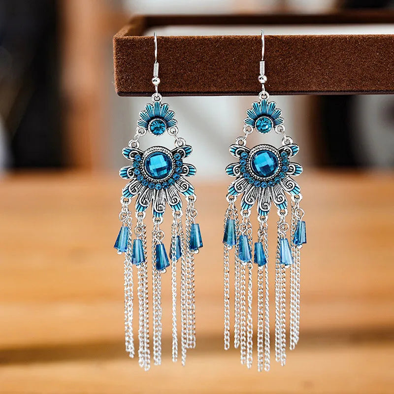 Vintage Ethnische Bunte Kristall Baumeln Ohrringe für Frauen Klassische Strand Kette Quaste Tropfen Ohrring Weibliche Pendiente Bijoux