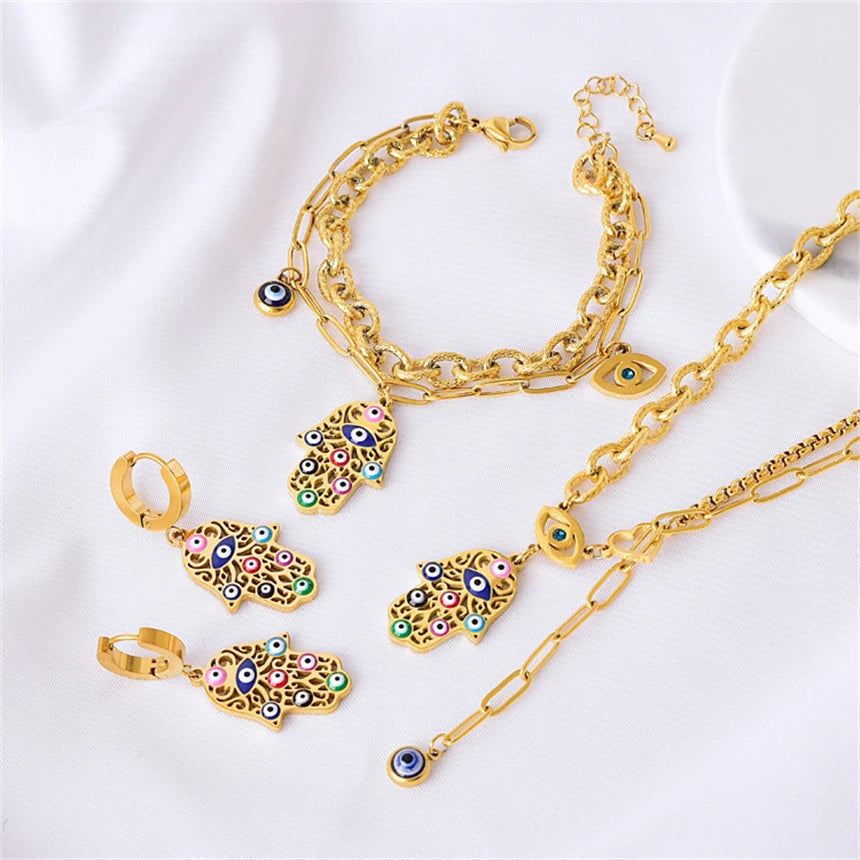 316L Edelstahl Farbige Öl Tropf Palm Augen Anhänger Charme Kette Halsketten Armbänder Ohrringe Mode Hohe Schmuck Party Geschenk