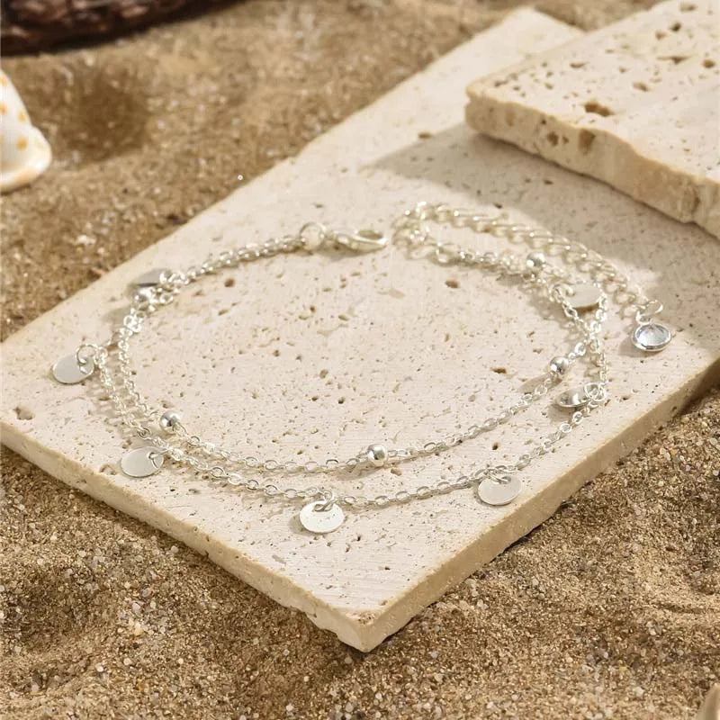 Weibliche Fußkettchen mit rundem Anhänger, Armband, Sandalen, Fußschmuck, Bein-Fußkettchen auf Fuß, Armbänder für Frauen und Mädchen, Hawaii, Sommergeschenk