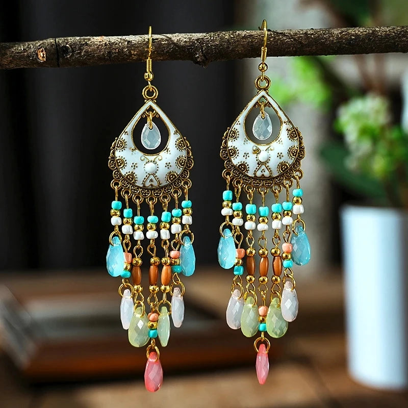 Bohemian Lange Bunte Quaste Perlen Wasser Tropfen Baumeln Ohrringe Für Frauen Vintage Gold Farbe Tropfen Glasur Ohrringe Pendientes Mujer