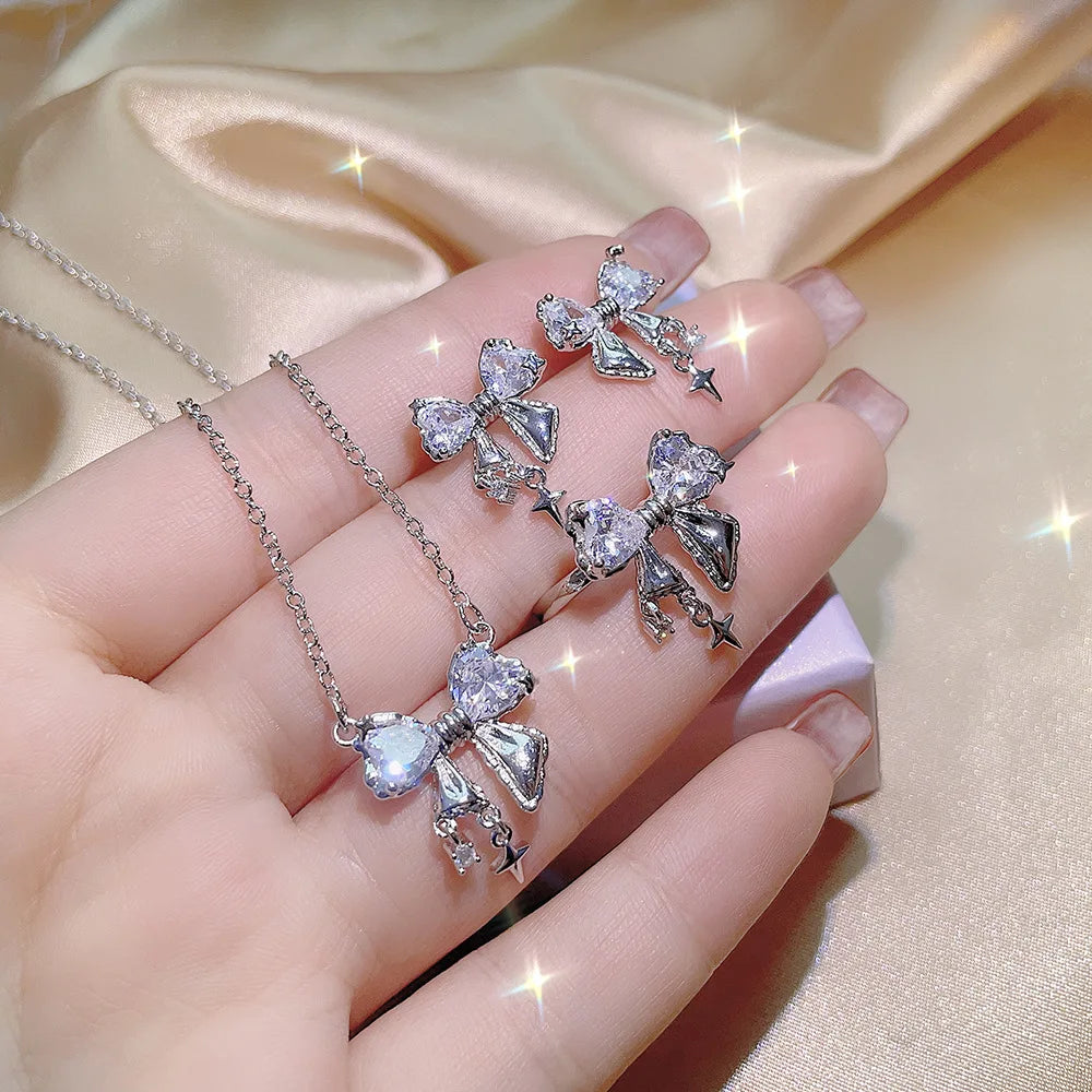 2024 Mode süße Zirkon Schleife Halskette Ohrringe Ringe Set drei Stück Silber Farbe elegante Luxus y2k Schmuck Set Party Geschenke antike