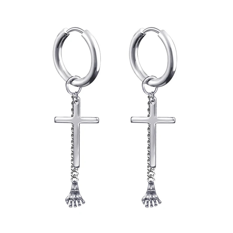Neueste 1 Paar Edelstahl Kreuz Anhänger Baumeln Lange Quaste Unisex Creolen Männer/Frauen Punk Gothic Schmuck Beste Geschenke