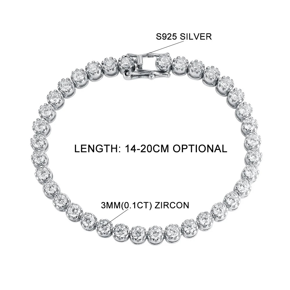 TEMGF S925 Sterling Silber Armband Voll 3mm Zirkon Inlay für Frauen Mädchen Funkelnden Feinen Schmuck Trendy Geburtstag Liebe geschenke