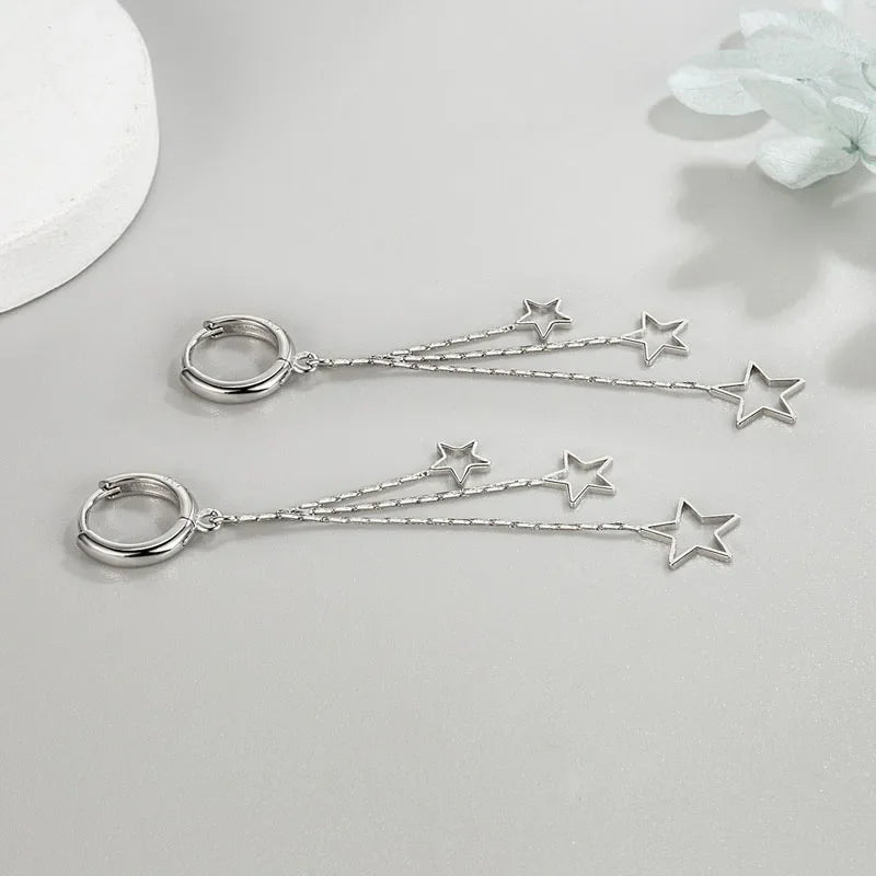 Elegante, beliebte Drei-Sterne-Creolen für Damen, 925er-Sterlingsilber, Party-Schmuck, wunderschöner langer Quasten-Ohrring, elegant