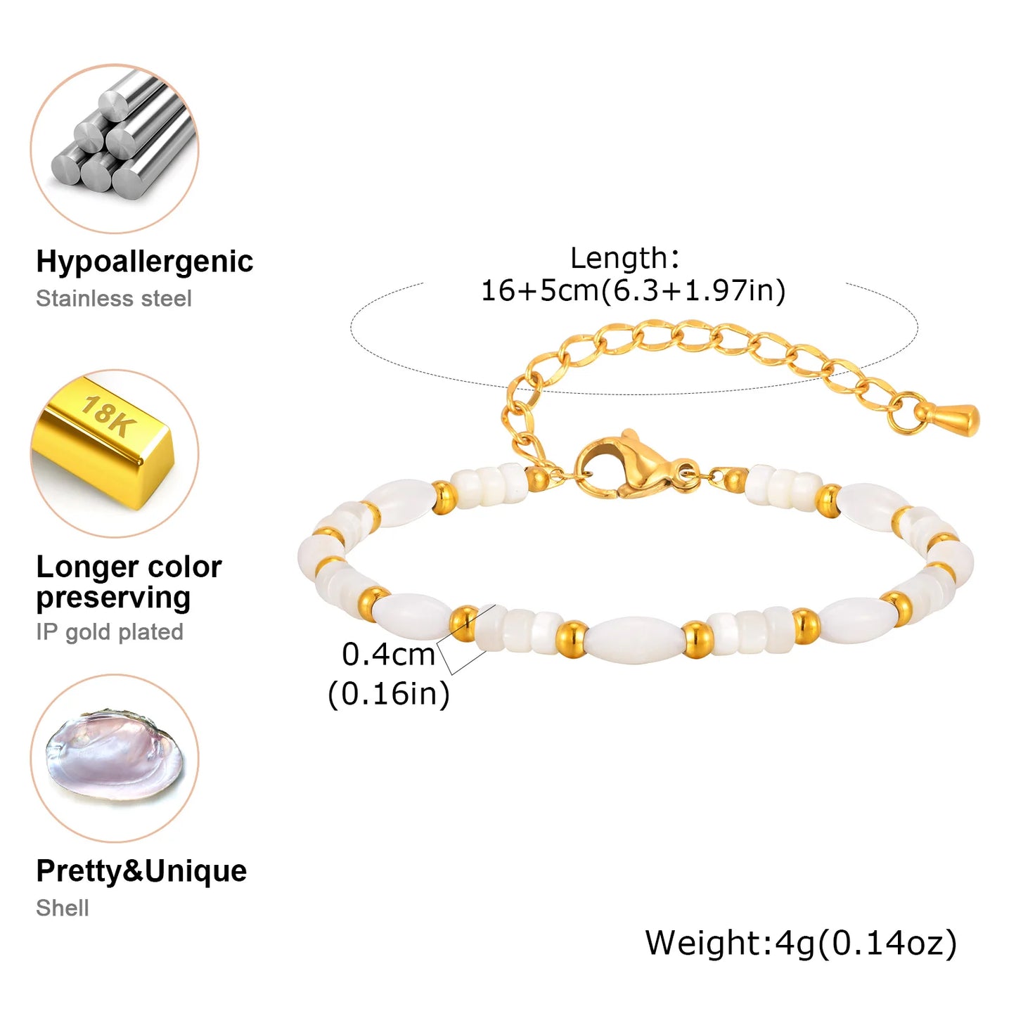 Weißes Muschelperlen-Armband für Damen, goldfarbene Edelstahlarmbänder, wasserdichtes Charm-Schmuckgeschenk