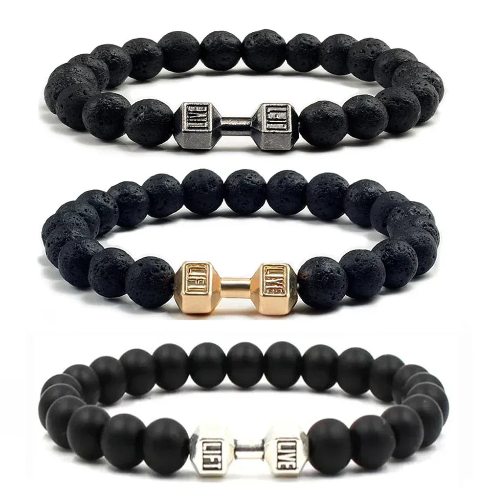 Lava Armband Schwarz Vulkanstein schwarz Matte Hantel Perlen Armbänder Für Frauen Männer Fitness Langhantel Schmuck Herren Armbänder