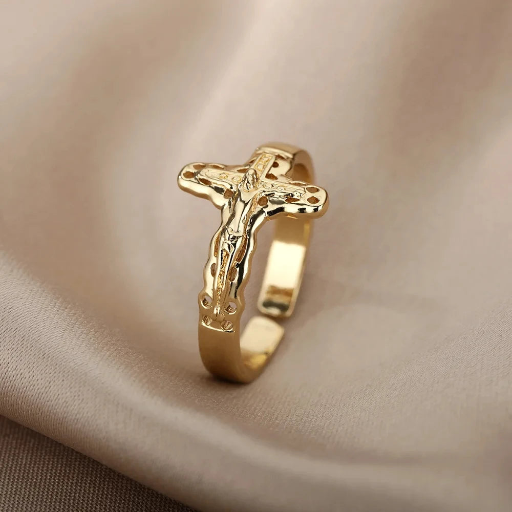 Vintage Jesus Kreuz Ringe Für Frauen Männer Gold Farbe Edelstahl Jesus Kreuz Einstellbare Ring Religiöse Party Schmuck Geschenk