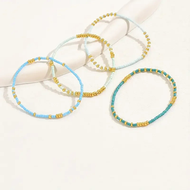 4-teiliges türkisfarbenes Rocailles-Stretch-Armband-Set, Böhmen, goldfarben, Glasperlen, elastisch, handgefertigt, für Mädchen, Urlaubsschmuck