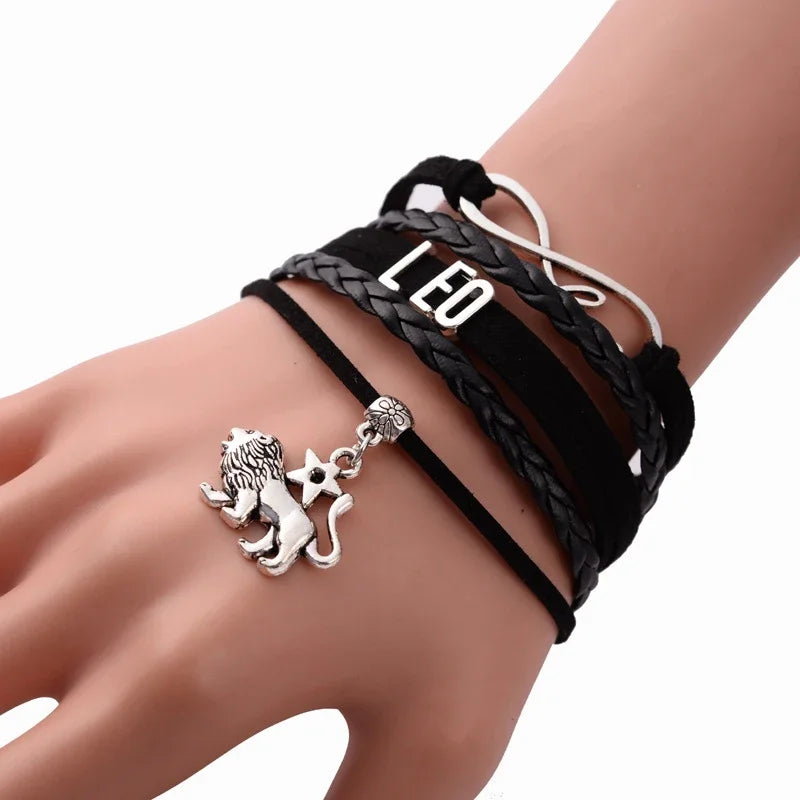 12-Sternbild-Sternzeichen, schwarzes geflochtenes Lederarmband, Krebs, Löwe, Jungfrau, Waage, gewebter Schmuck, Punk-Männer-Anhänger-Armband 2022