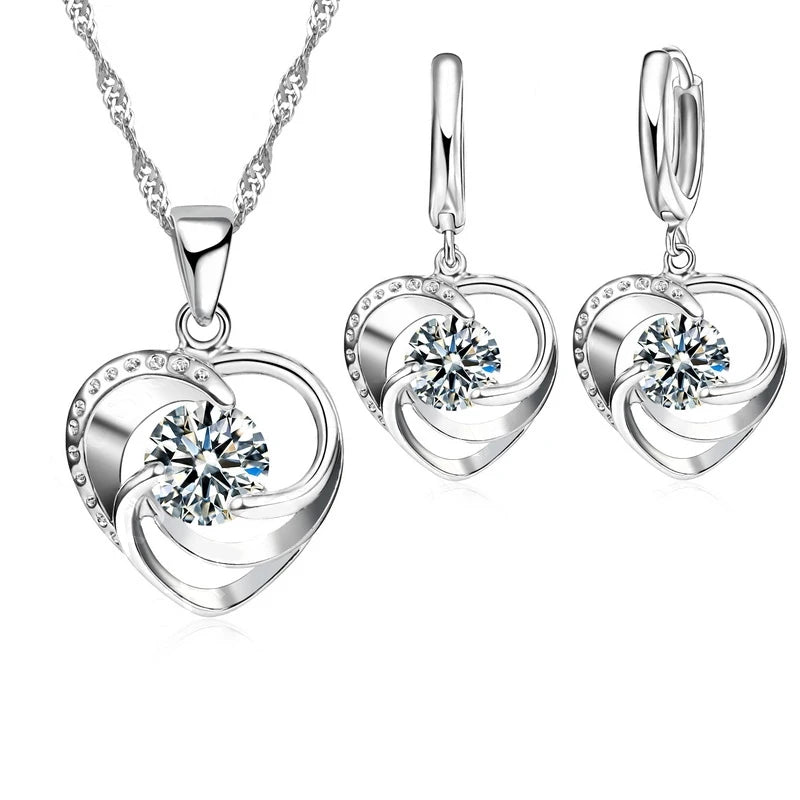 Gestempeltes Halsketten-Ohrring-Set aus 925er-Sterlingsilber, lange Kette, süßer romantischer Stil, Liebesherzform für Frauen, Dame, Frau