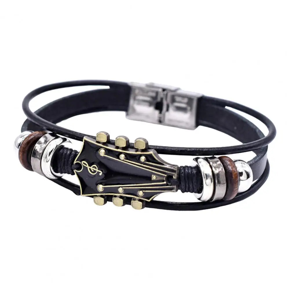 Geflochtenes Gitarrenarmband aus Zinklegierung, verstellbare Schnalle, manuell gewebtes Kunstleder, 3-lagiger Retro-Punk-Handgelenkschmuck