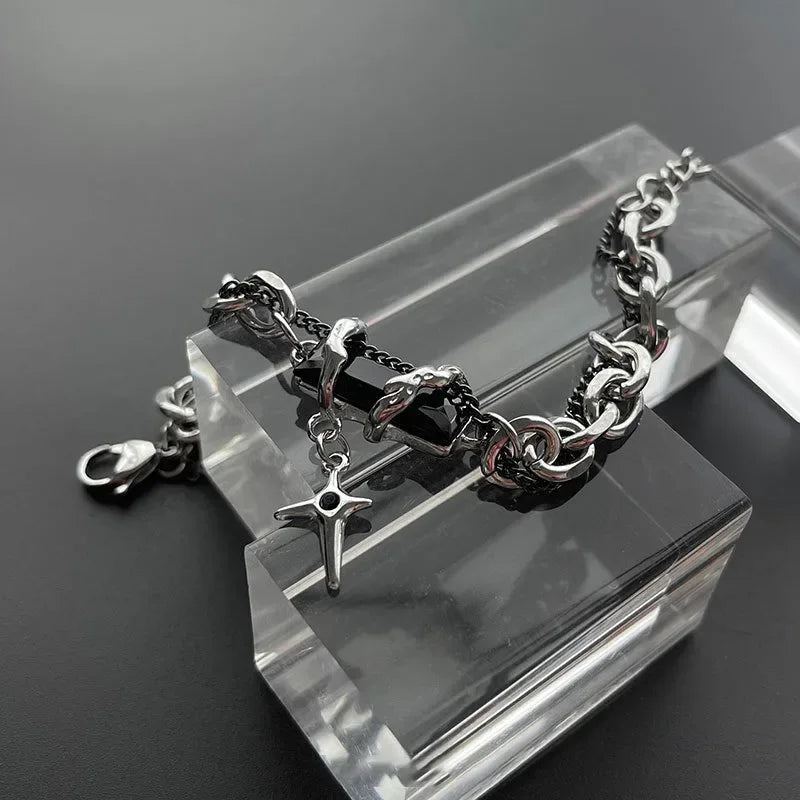 2024 Retro Schwarz Zirkon Stern Armband für Frauen Männer Geschenke Trend Titan Stahl Kette Unisex Goth Schmuck Neue Paar Zubehör
