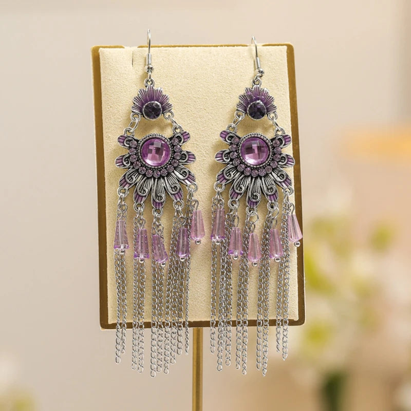 Vintage Ethnische Bunte Kristall Baumeln Ohrringe für Frauen Klassische Strand Kette Quaste Tropfen Ohrring Weibliche Pendiente Bijoux