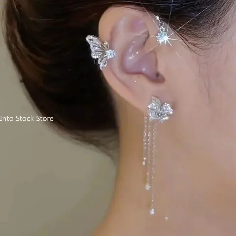 Glänzende Zirkon Schmetterling Ohr Manschette Gold Farbe Quaste Clip auf Ohrringe für Frauen Korea Stil Kupfer Ohrring Ohne Piercing Schmuck