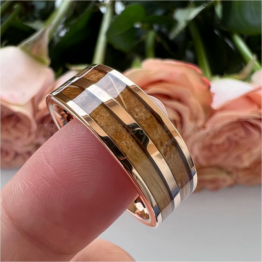 8 mm Herren- und Damenring, Wolfram-Ehering, Paar-Modeschmuck, Whiskyfass, Holzeinlage, poliert, glänzend, bequeme Passform