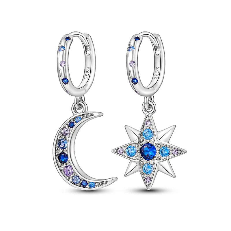 Heißer Verkauf Mode 925 Silber Farbe Ohrringe Blau Zirkon Sterne Mond Unregelmäßigkeit Ohrringe Für Frau Feine Geburtstag Schmuck Geschenke