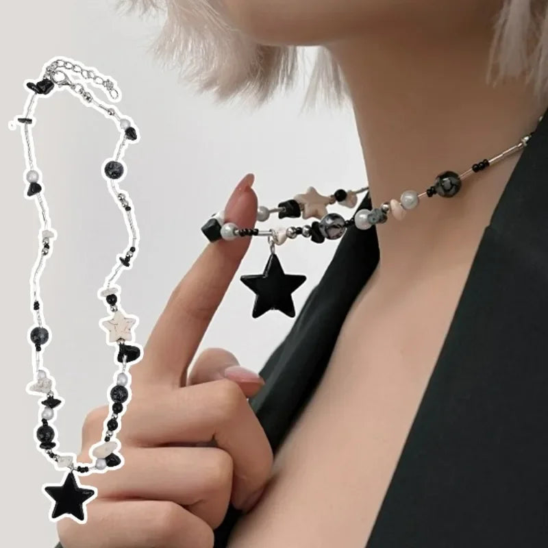 Y2K Schwarzer Stern Anhänger Halskette Frauen Süße Coole Hals Schmuck Mädchen Personalisierte Leichte Harz Pentagramm Perlen Halskette Geschenk