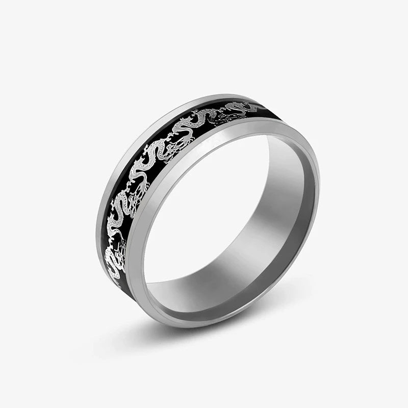 8mm Edelstahl Dominierenden Drachen Muster Ringe für Männer Frauen Punk Intarsien Blau Carbon Faser Ring bagues pour femme