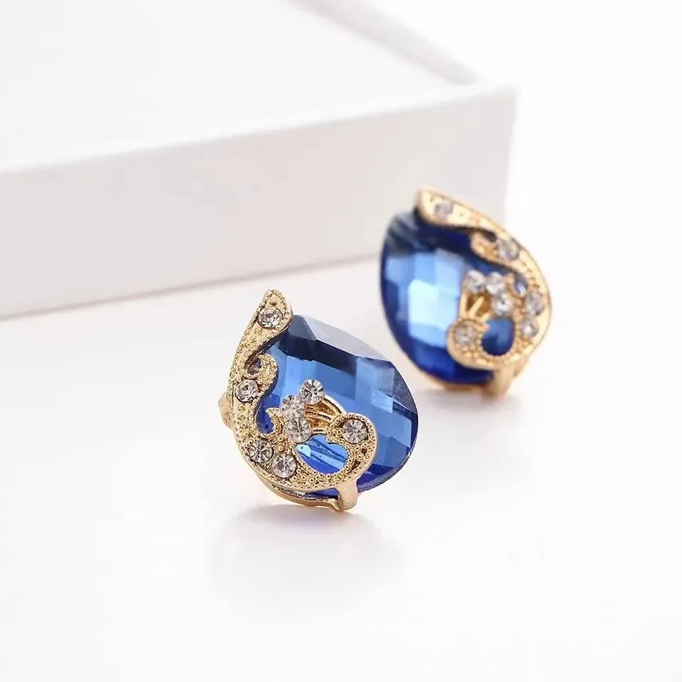 3PCS Pfau Edelstein Dame Schmuck Set Temperament Glänzenden Kristall Waterdrop Halskette Hoop Ohrring Ring Gold Farbe Abend Schmuck
