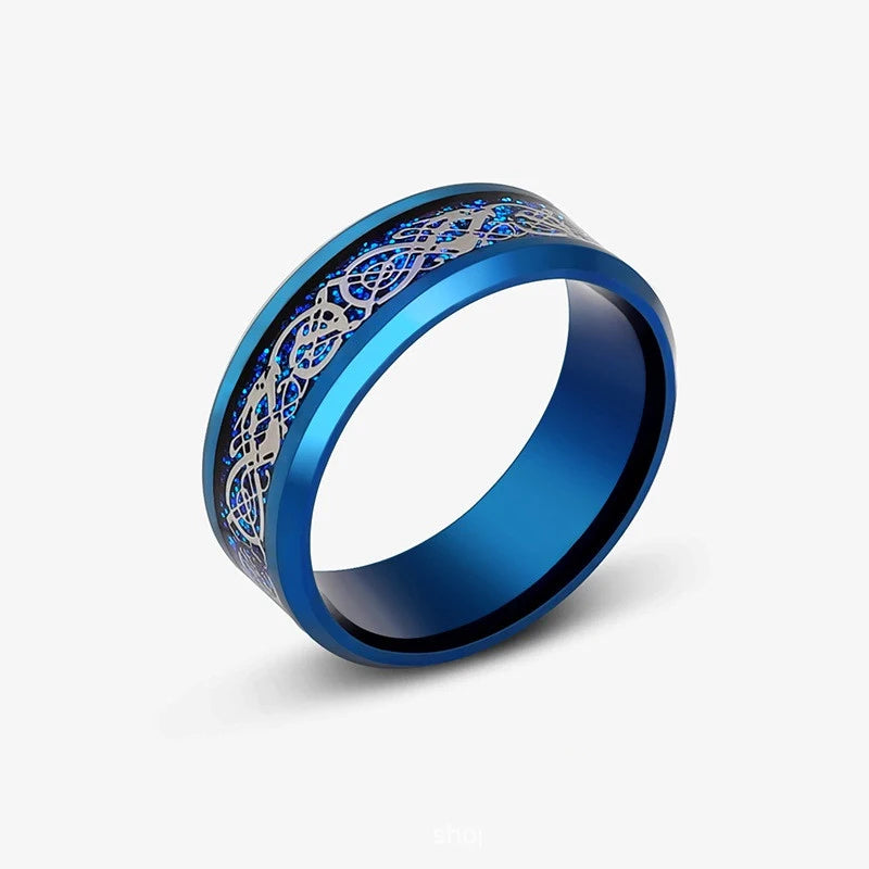 8mm Edelstahl Dominierenden Drachen Muster Ringe für Männer Frauen Punk Intarsien Blau Carbon Faser Ring bagues pour femme