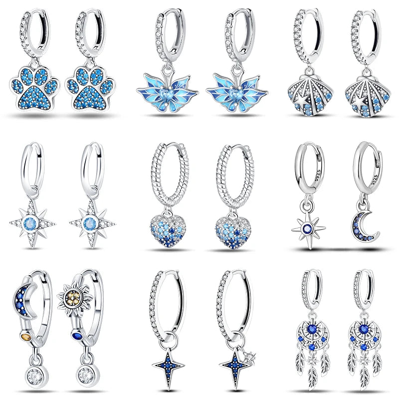 Heißer Verkauf Mode 925 Silber Farbe Ohrringe Blau Zirkon Sterne Mond Unregelmäßigkeit Ohrringe Für Frau Feine Geburtstag Schmuck Geschenke