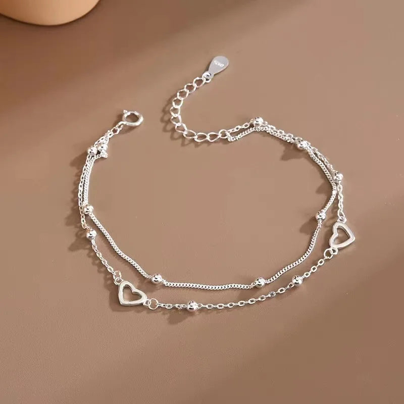 Silbernes doppellagiges Liebesherz-Armband mit hohlen runden Perlen für Frauen und Mädchen, modischer romantischer Schmuck, klassische verstellbare Geschenke