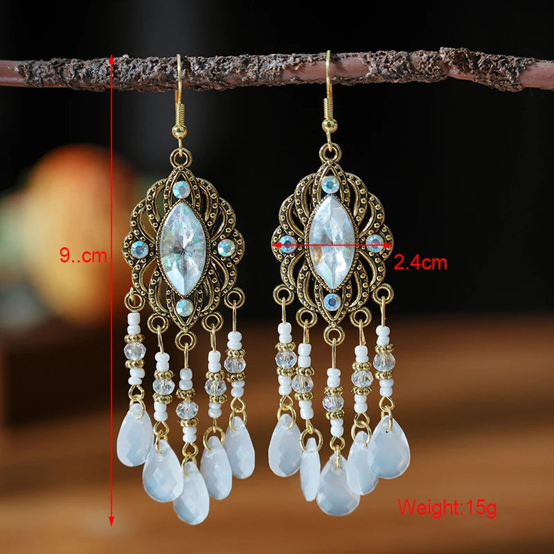 Vintage böhmischen langen Tropfen baumeln Ohrringe für Frauen geometrische Perlen handgemachte Quaste Kristall ethnischen Boho Hochzeit Ohrringe Schmuck