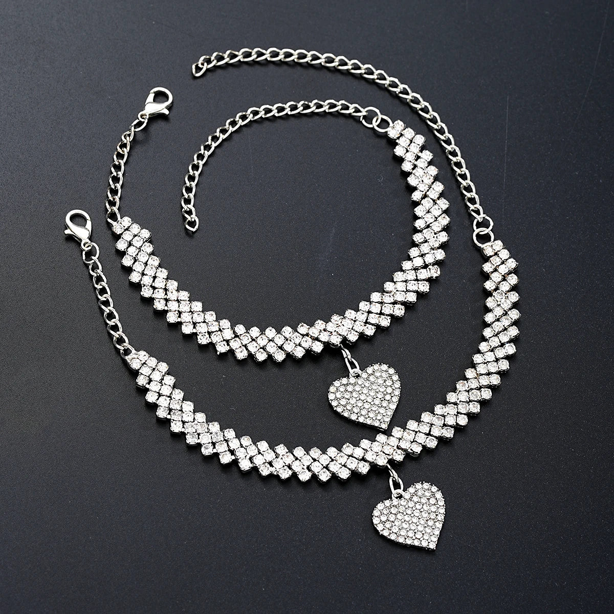 2-teiliges modisches Fußkettchen mit silbernem Strass-Herz-Anhänger für Frauen, Ins Bling Love Foot, Knöchel-Armband-Set, Kette, Schmuck, Geschenke