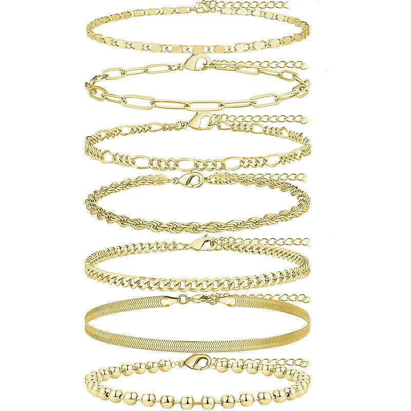 5 Stück/7 Stück 14K vergoldetes Fußkettchen Cuban Link Figaro Büroklammer Seil Fischgrätenkette Fußkettchen Set Geschenk für Frauen Mädchen