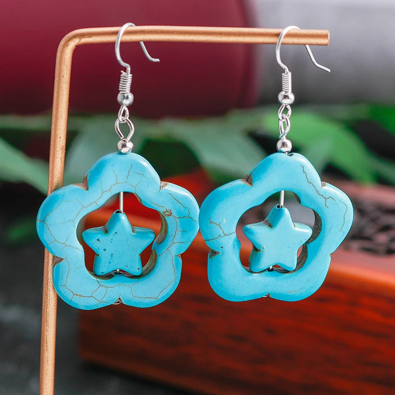 Böhmische Legierung Blume Herz Tropfen Ohrringe für Frauen Türkis Stein Quaste baumeln Ohrringe Mädchen Weihnachts geschenke