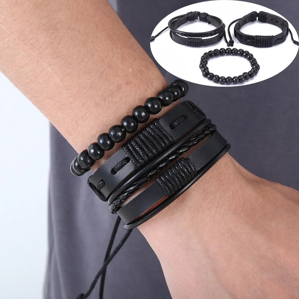 3-4 Stück Vintage Leder Armband Set für Männer Baum des Lebens Charme schwarz gewebte Seil Perlen Kette Wrap Armreif Frauen handgemachten Schmuck