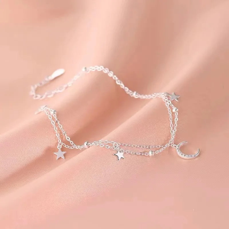 Beliebtes Stern- und Mond-Armband aus 925er-Sterlingsilber, geometrisches Doppelschicht-Armband, Party-Geschenk, modischer Damenschmuck