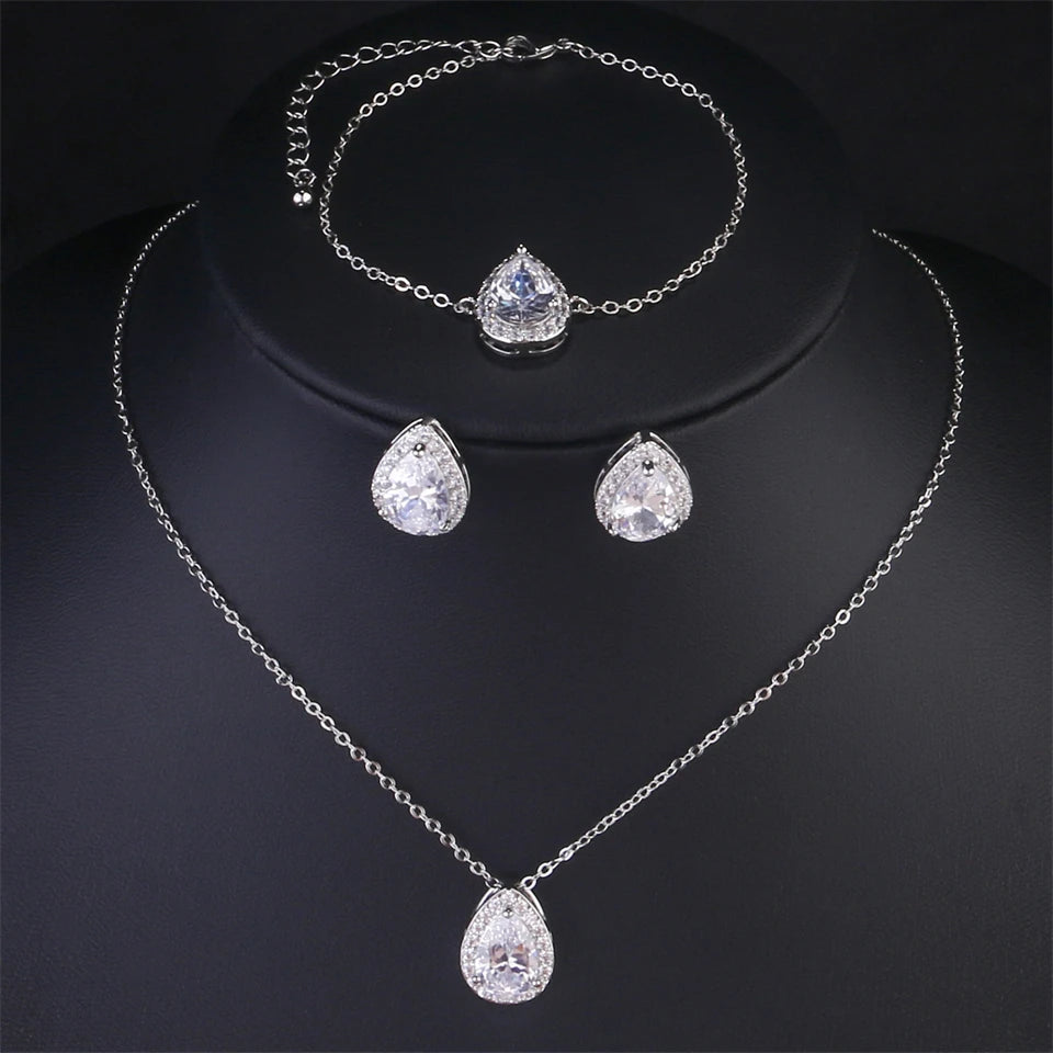 ZAKOL Klassisches Wassertropfen-Zirkonia-Hochzeitsschmuck-Set für Frauen, glänzender AAA-Kubikzirkon, Ohrringe, Halskette, Schmucksets, Geschenk