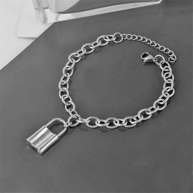 Punk Edelstahl Schloss Anhänger Armband Armband Chunky Link Kette Gothic Schloss Armreifen für Frauen Männer Mode Schmuck S485