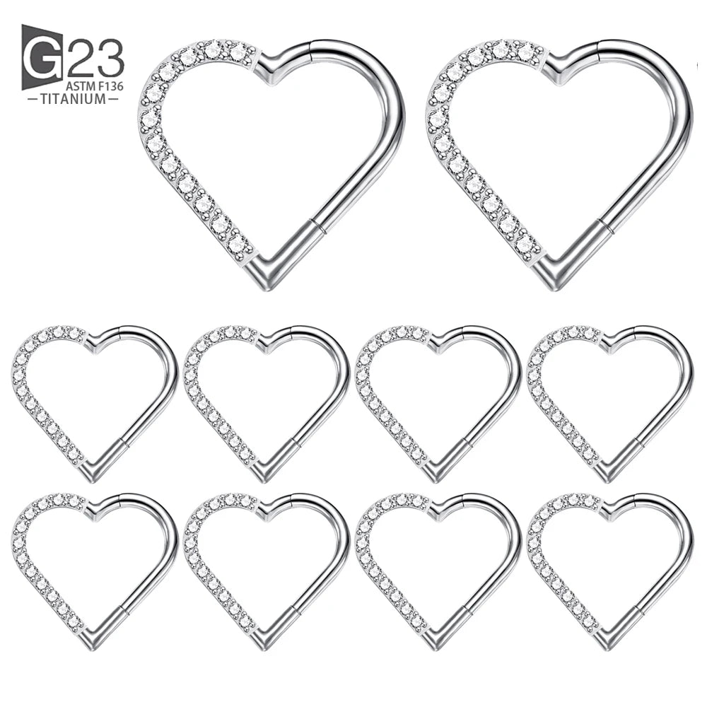 10 Stück ASTM F136 Titan Daith Herz Ohrring Hoop Knorpel Tragus Helix Ringe Scharniersegment Hoop mit klarem CZ