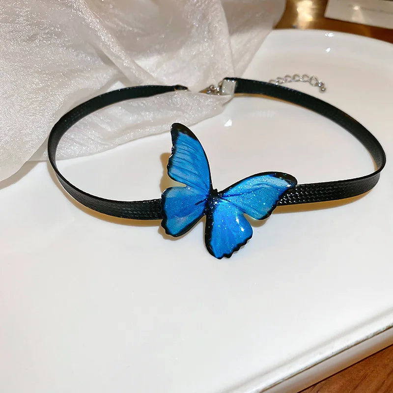 Blaue Schmetterling Halskette Armband Schmuck Set für Frauen Boho Leder Kette Choker Halskette Armreif Imitation Pealr Ohrringe