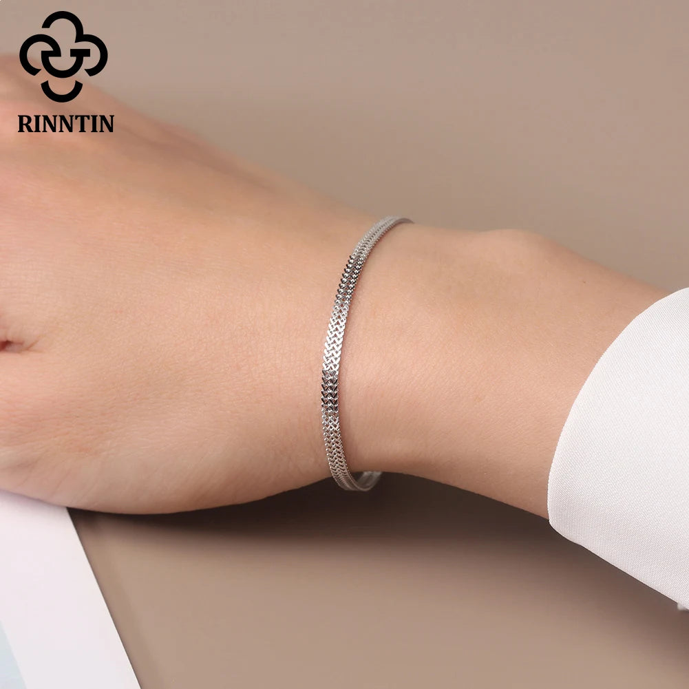 Rinntin Armbänder aus 925er-Sterlingsilber, 2,8 mm, flache Netzkette, hochwertige Armreifkette, einfache Damen- und Herren-Accessoires für den täglichen Gebrauch SB216