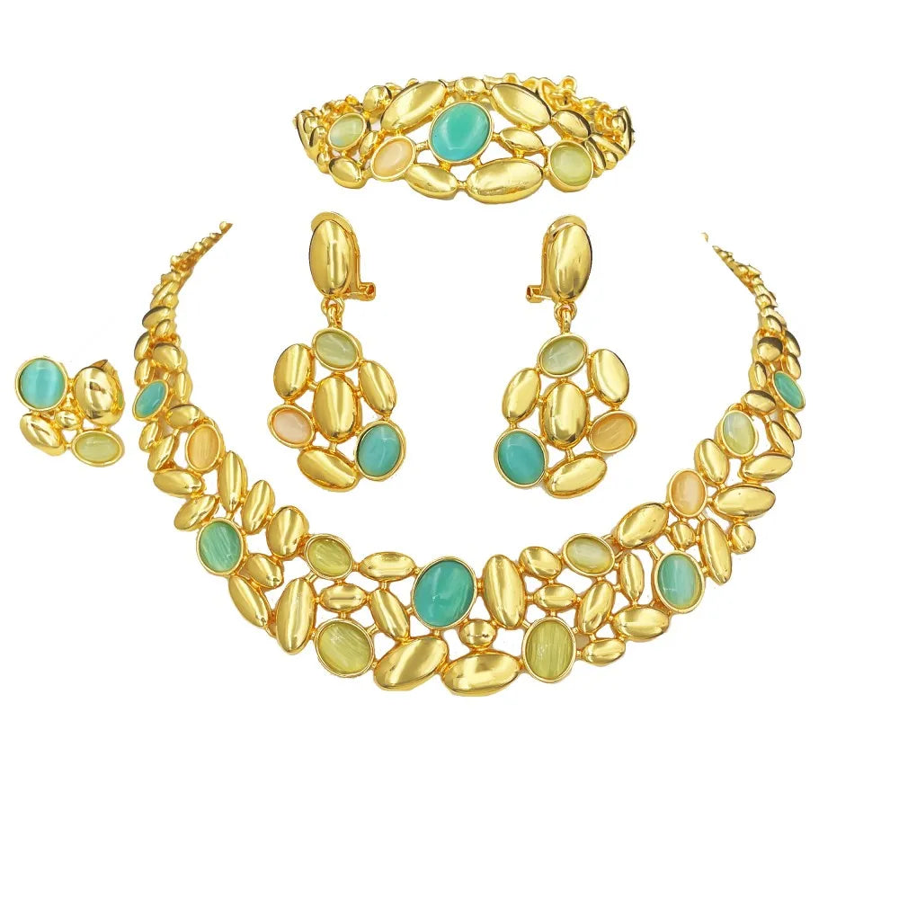GZJPEI Elegantes Opal-Stein-Schmuckset, luxuriös, vergoldet, Halskette, Armband, Ohrring, Ring für Italien, Braut, Hochzeit, Geschenk, 2025, neu