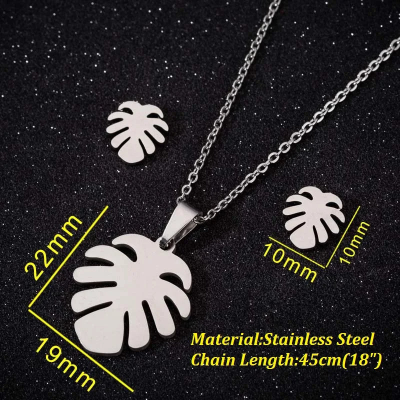 Set Schmuck Edelstahl Frau Boho Vintage Monstera Blätter Blume Pflanze Diy Anhänger Charms Ohrringe Und Halskette Set