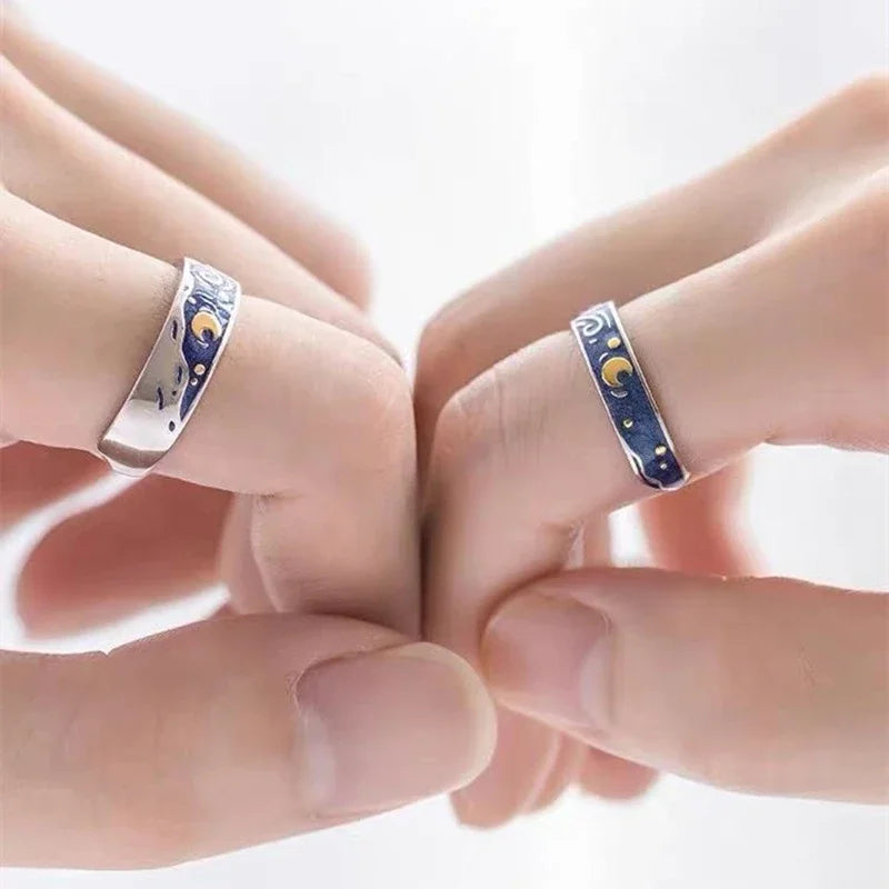 1/2 stücke romantische van Gogh Sternen himmel Ringe Liebhaber Paar Persönlichkeit öffnen Fingerring Männer Frauen Nacht Stern Mond Schmuck Geschenke
