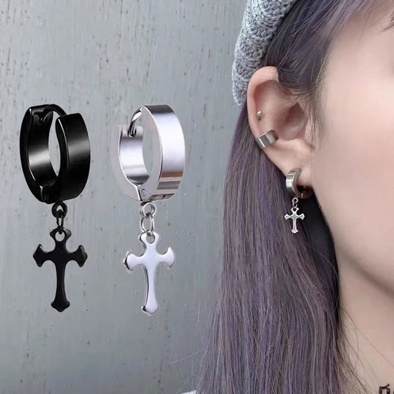 1pc Koreanische Mode Edelstahl Spezielle-förmigen Kreuz Anhänger Ohrringe Frauen Ohrring Punk Rock Piercing Hoop Ohrringe Schmuck